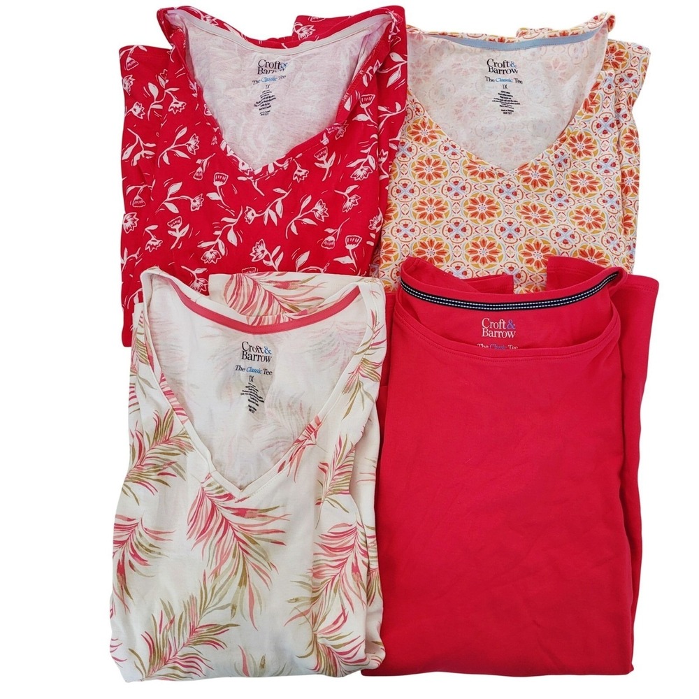 Croft & Barrow Womens 1X The Classic Tee Bundle 4 V Neck Crew Short‎ Sleeve Tops
